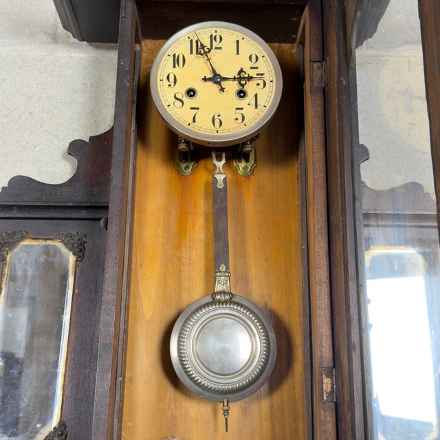 Early 20th Century Antique Wooden Mechanical Pendulum Wall Clock with Mirrors For Sale - Image 3 of 13