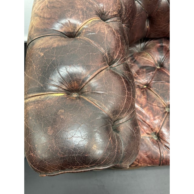 1950s Vintage Mid-Century Aged Brown Tufted Leather Chesterfield Sofa With Great Patina! For Sale - Image 10 of 11