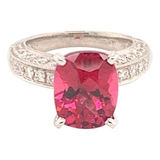 Diamond Tourmaline Rubellite Ring 3 Platinum 3.72 TCW Certified For Sale
