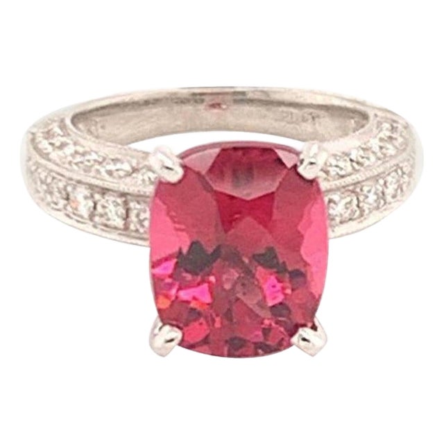 Diamond Tourmaline Rubellite Ring 3 Platinum 3.72 TCW Certified For Sale
