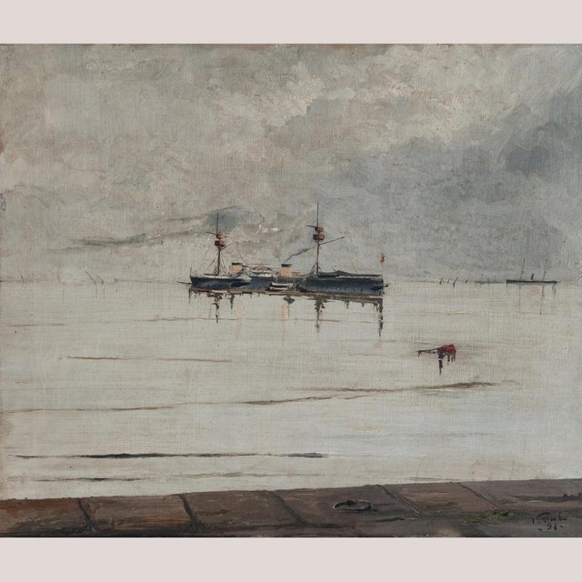 Spanish Pelayo Steam Warship, 1890s-1910s, Oil on Canvas For Sale - Image 7 of 7
