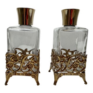 Vintage Filigree Gold-Toned Hollywood Regency Perfume Bottles Vanity Set of Two For Sale