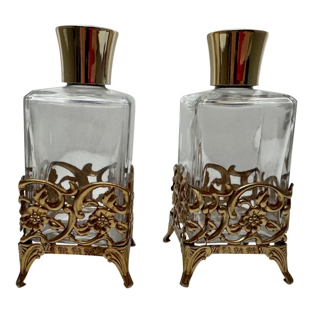 Vintage Filigree Gold-Toned Hollywood Regency Perfume Bottles Vanity Set of Two For Sale