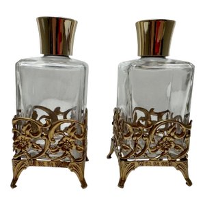 Vintage Filigree Gold-Toned Hollywood Regency Perfume Bottles Vanity Set of Two