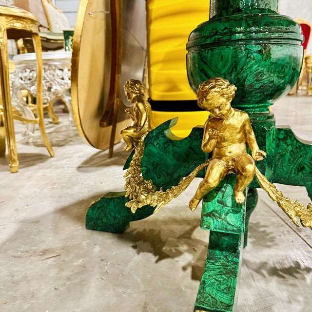 Rococo Style Green Dining Table Round Pedestal Refinished With Bronze For Sale In Miami - Image 6 of 11