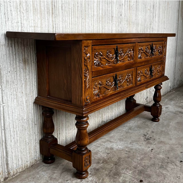 1930s Spanish Console Chest Table With Four Carved Drawers and Original Hardware For Sale - Image 5 of 12