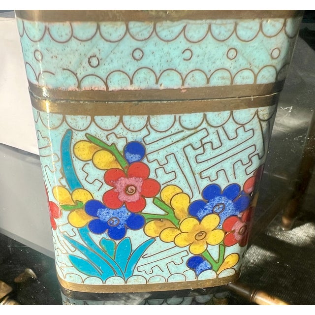 Vintage Chinese Turquoise Cloisonné Floral Covered Box For Sale - Image 4 of 7
