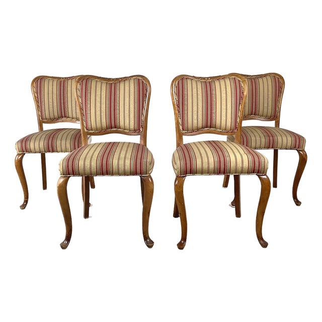 Set of Four Queen Anne Walnut Dining Side Chairs in Striped Burgundy & Gold Upholstery For Sale