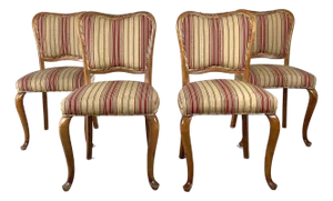 Set of Four Queen Anne Walnut Dining Side Chairs in Striped Burgundy & Gold Upholstery