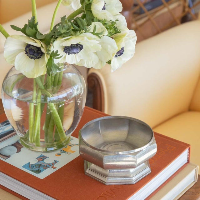 Beautiful Art Deco silver plate octagon dish from France, 1930s. Low curved bowl on pedestal base. Original finish shows...
