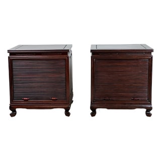 1980s Vintage Pair Solid Rosewood Chinese Tambour Four Drawer End Tables For Sale