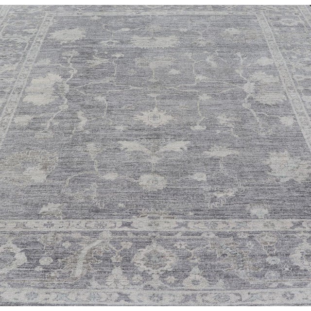 Textile Turkish Angora Oushak Rug in Slate Gray With Ivory Botanical Motifs 9'11 X 13'3 For Sale - Image 7 of 16