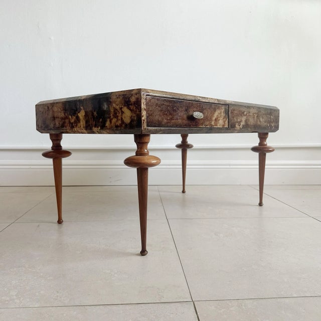 Aldo Tura 1970s Aldo Tura Parchment Cocktail Table Wood Turned Giacometti Style Legs For Sale - Image 4 of 10