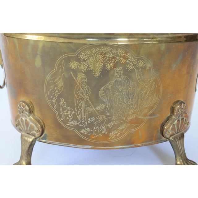 Vintage Oval Brass Cachepot W/ Lion Head Handles, Paw Feet and Etched Asian Motif For Sale - Image 12 of 18