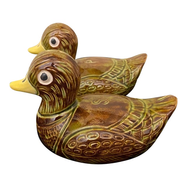 1970s Handmade Ceramic Duck Salt & Pepper Shakers – Signed Folk Art Studio Pottery For Sale