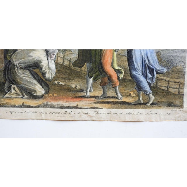 Antique c. late 18th century hand colored engraving by Antonio Suntach (1744-1828) Italy. Abraham visited by Angels....