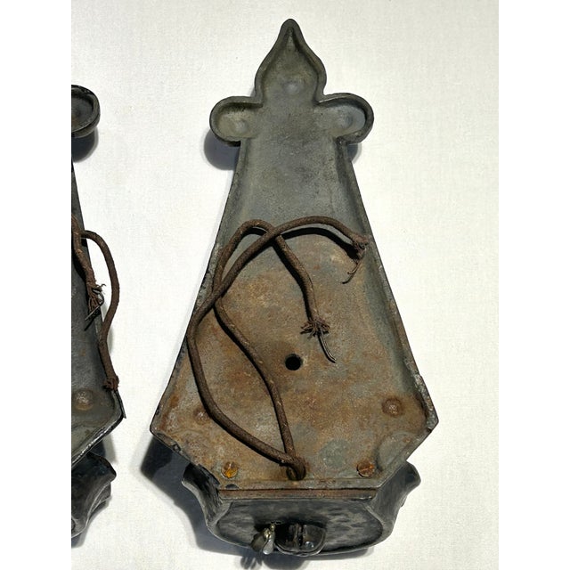 1920s Pair of Antique c.1920’s Art’s & Crafts / Spanish Revival Hammered Iron With Fleur-De-Lis Motif Wall Sconces With Original Candle Sleeve Socket Covers For Sale - Image 5 of 9