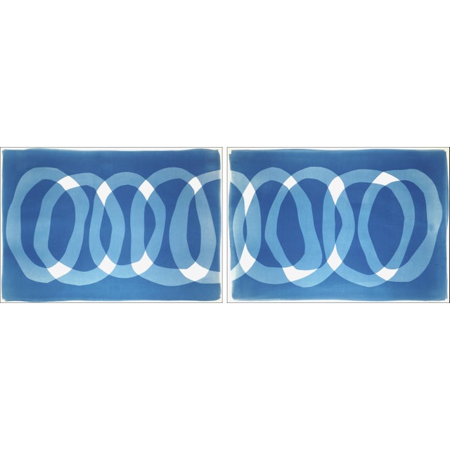 2026, Modern Minimalist Horizontal Diptych of Blue Necklace, Handmade Monotype Cyanotype on Watercolor Paper by Kind of Cyan For Sale