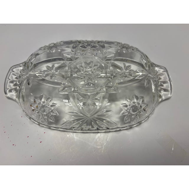 Hollywood Regency Vintage Mid Century Pressed Glass Oval Relish Dishes With Starburst Pattern - Set of 3 For Sale - Image 3 of 7