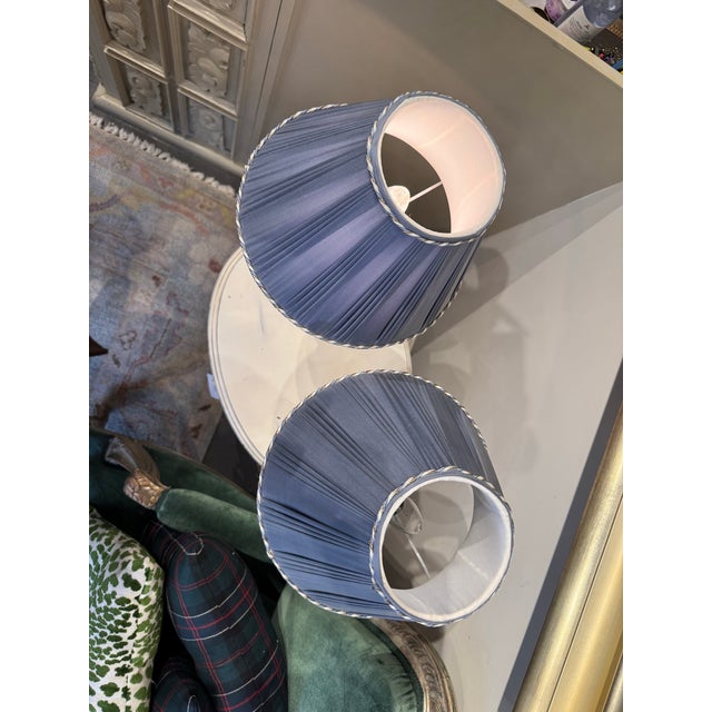 Textile Vintage Louis XVI Style Bronze Lamp With Pleated Blue Fabric Shade For Sale - Image 7 of 11