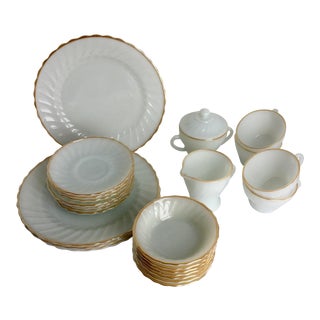 Mid 20th Century Anchor Hocking Fire King Suburbia Golden Shell Milk Glass Dishware - Set of 24 For Sale