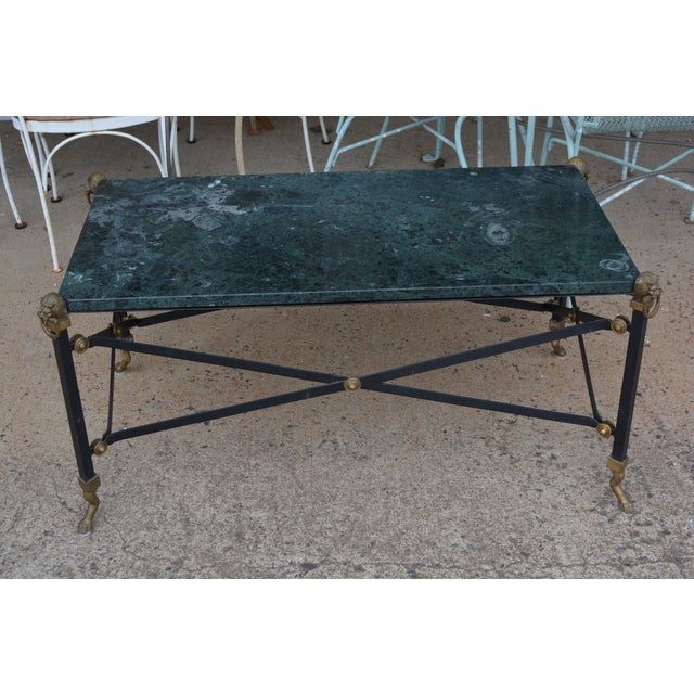 1970s Neoclassical Green Marble Top / Brass Lions / Paw Feet Metal Coffee Table & End Table Set For Sale - Image 11 of 18