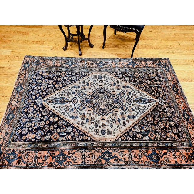 1900 - 1909 Antique Persian Malayer Area Rug, Hand-Knotted Wool, Geometric Medallion Pattern, Ivory & Navy,5x7 For Sale - Image 5 of 17