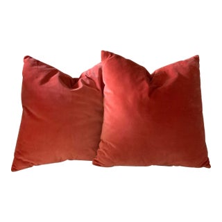 Pair of Lovely Vintage Orange/Salmon/Melon Velvet Pillows - 17.5” Squares For Sale
