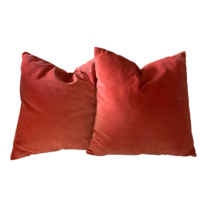Soft Vintage Velvet Orange/Coral/Melon Pillows, a Very Versatile Pair for Coastal, Cottage Core, Palm Beach Regency or Traditional Decor