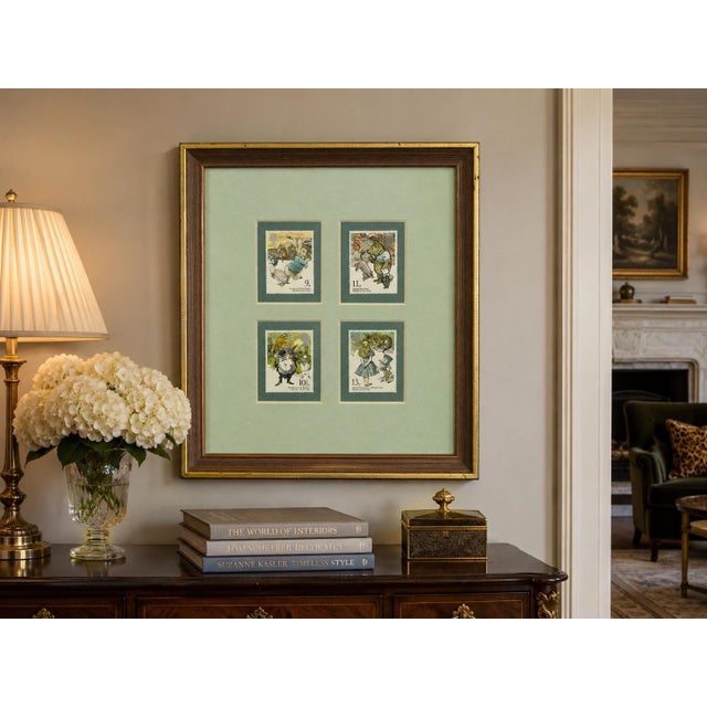 Charming custom-framed display featuring the complete 1979 British “Year of the Child” commemorative stamp set,...