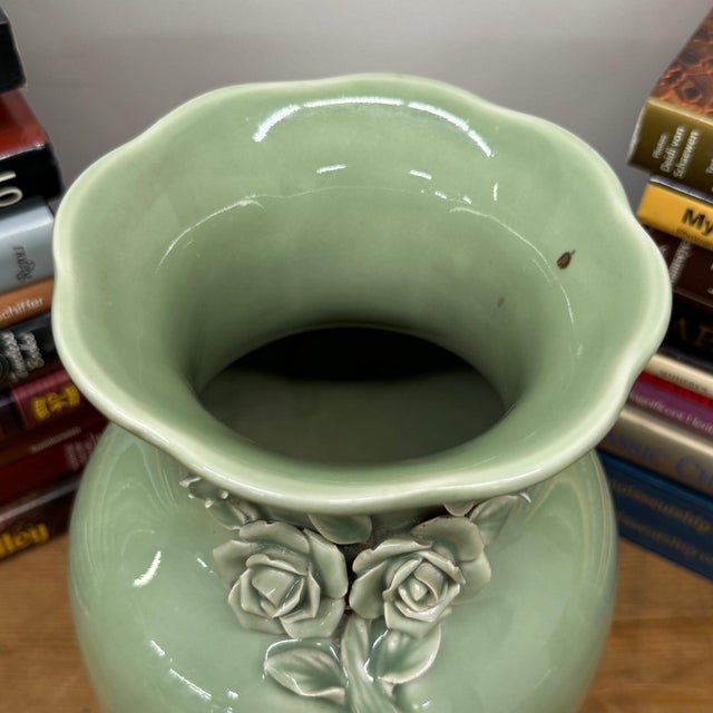 Green Vase with Botanical Theme Handles & Scalloped Top For Sale - Image 9 of 10