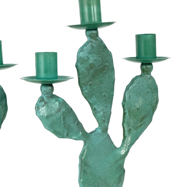 Vintage 1990s Pair of (2) Turquoise Prickly Pear Cactus Candelabras Metal Candle Stick Holders For Sale - Image 13 of 17
