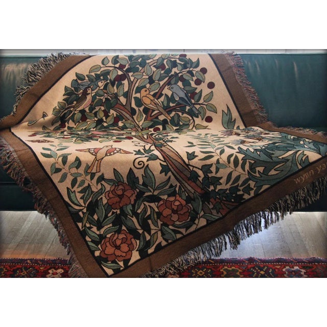 Arts and Crafts-Style "Tree of Birds" in Cream Jacquard Woven Throw Blanket For Sale - Image 6 of 12