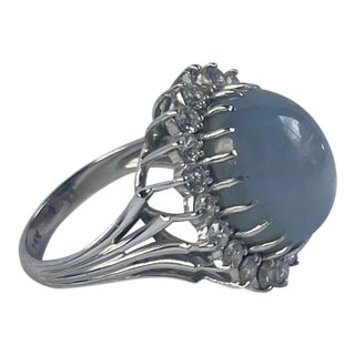 1950s Plum Cabochon Sapphire, Diamond, and 14k White Gold Ring, Size 6.5 - For Sale