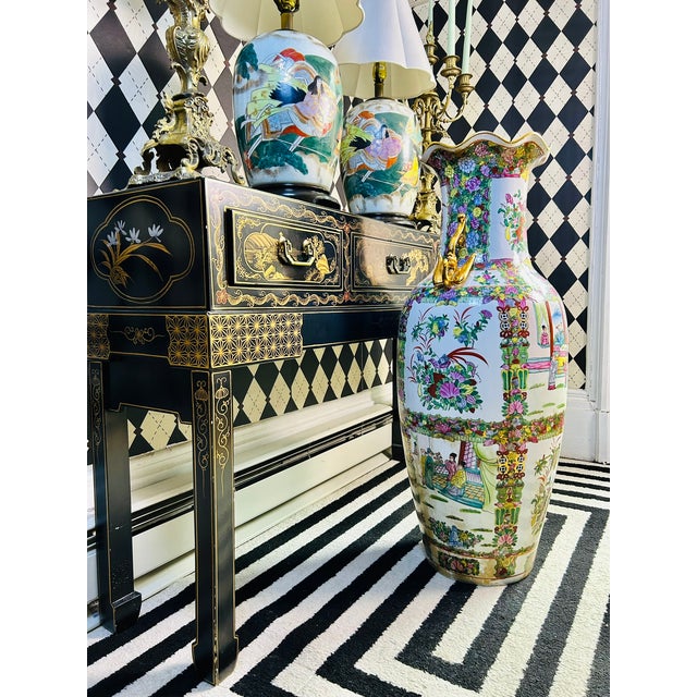 Tall Floor Rose Medallion Porcelain Chinoiserie Vase 36", Scroll Handles For Sale - Image 11 of 11