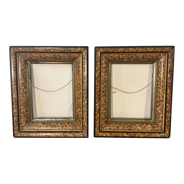 Eastlake Movement Antique Picture Frames - Pair - Faux Marble and Ebonized Trim For Sale