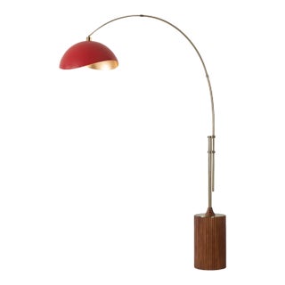 1980s 92-Inch Modern Adjustable Brass Floor Lamp - Tambo Luna Red/Gold Shade, Walnut Base For Sale