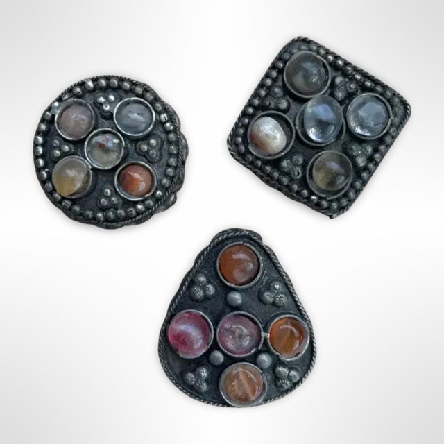 Mediterranean Vintage Asian Mixed Metal Trinket Boxes With Embedded Gem Stones - Set of 3 For Sale - Image 3 of 8