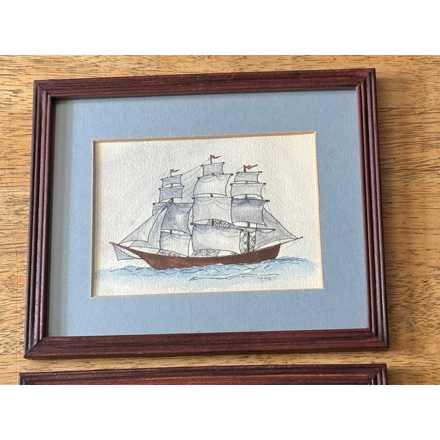 English Original 1979 Pair of Nautical Clipper Ship Paintings in Pen, Ink, & Watercolor For Sale - Image 3 of 9