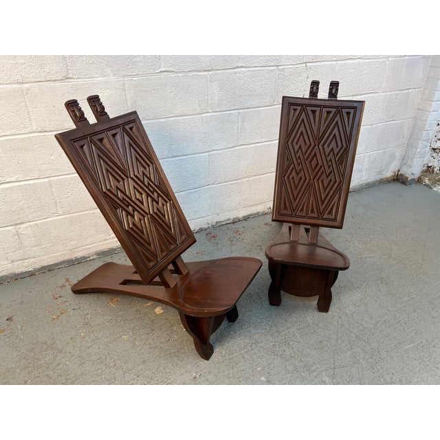 Mid 20th Century Pair of Geometric Carved Low Slung Tribal Palaver Chief Chairs For Sale - Image 4 of 13