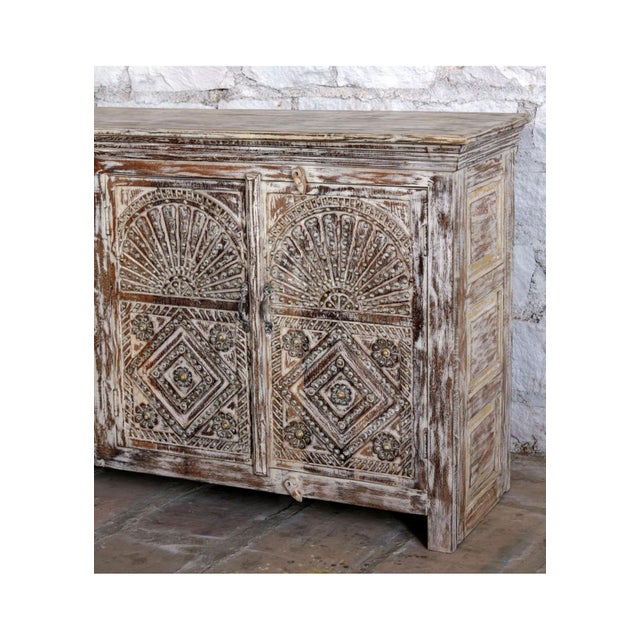 1920s Antique Whitewashed Floral Carved Sideboard With Brass Studs – Vintage Buffet Credenza 72x35 For Sale - Image 5 of 7