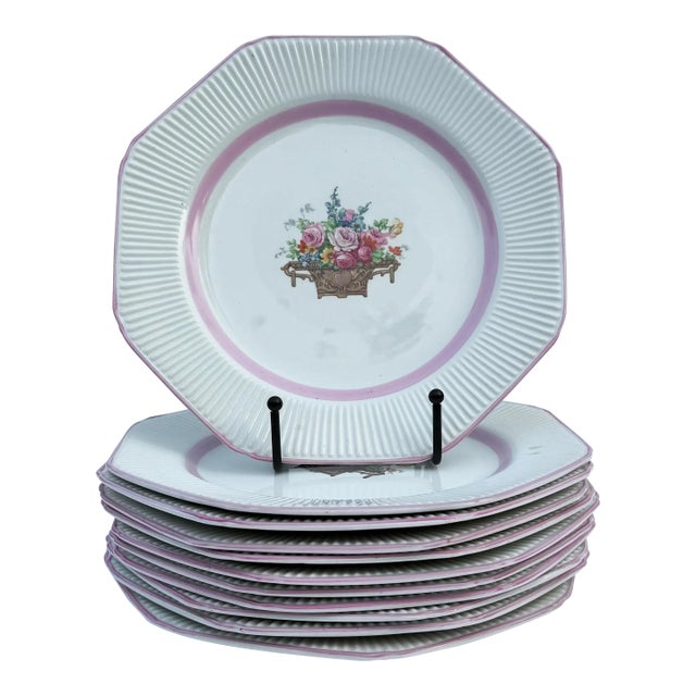 Wood & Sons England Pink Flower Basket Plates - 11 For Sale
