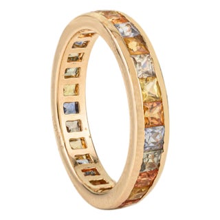 Pop Art Style Rainbow Multi Sapphire Eternity Band Ring in 14k Yellow Gold Size 5.5 For Sale
