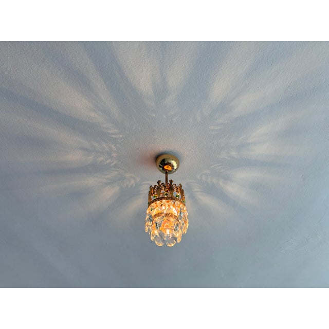 Hollywood Regency Vintage Small Brass & Emerald Green Crystal Crown Flush Mount – 1 Light For Sale - Image 3 of 18