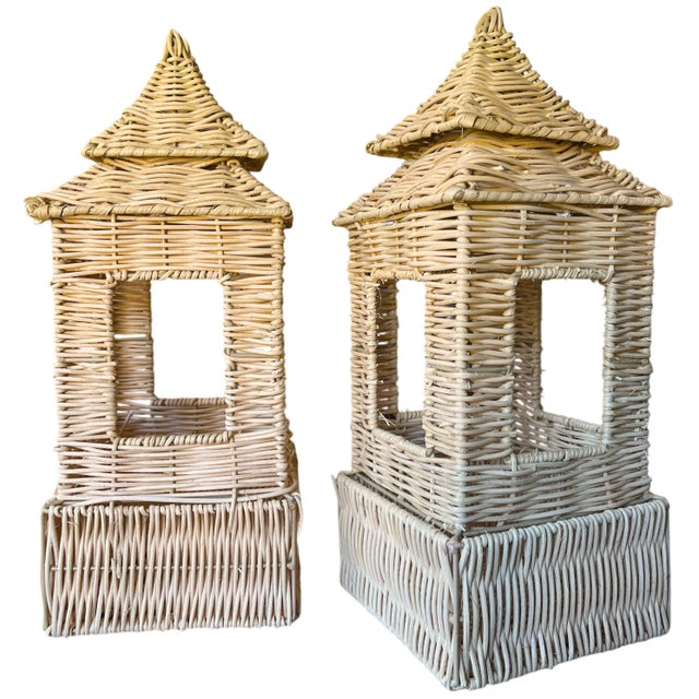Traditional Pair of Rattan Pagoda Lanterns in Coastal Chinoiserie Style – 16” X 6” X 6” For Sale - Image 3 of 5
