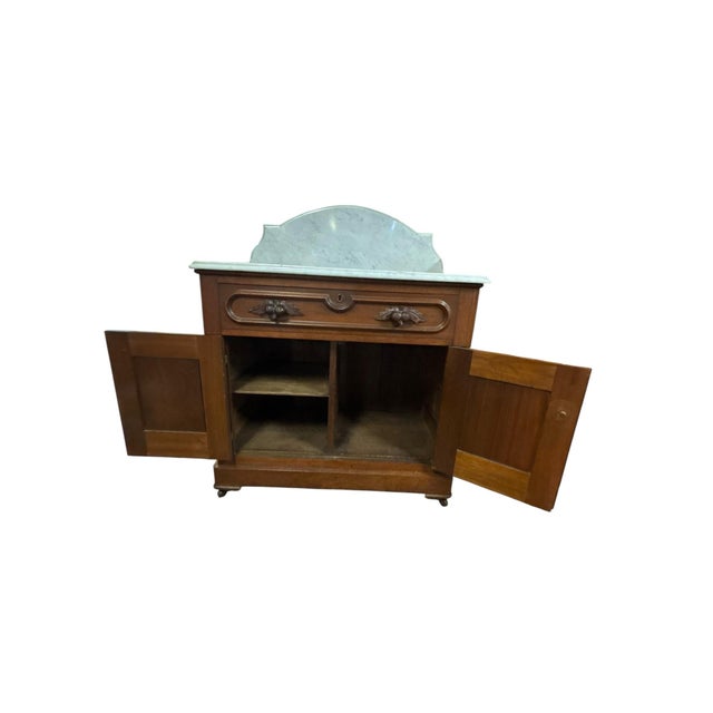 Antique Victorian Eastlake Walnut Marble Top Washstand With Carved Acorn Pulls, Circa 1880s For Sale - Image 4 of 11