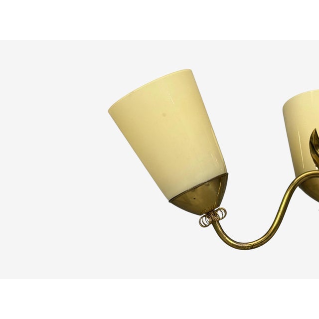 1950s Itsu Oy, Finnish Modern, Chandelier, Brass, Opal Glass For Sale - Image 9 of 13