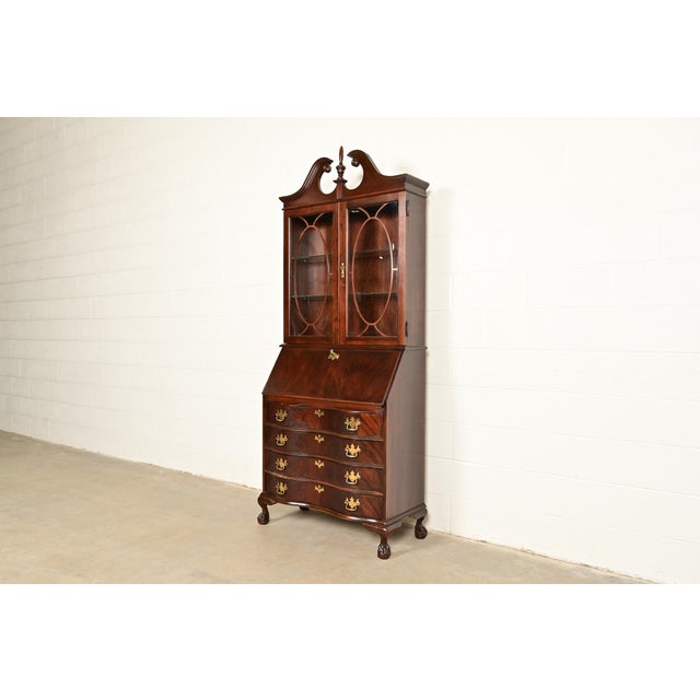Chippendale Flame Mahogany Drop Front Secretary Desk With Lighted Bookcase Hutch by Jasper Cabinet Co. For Sale - Image 18 of 18