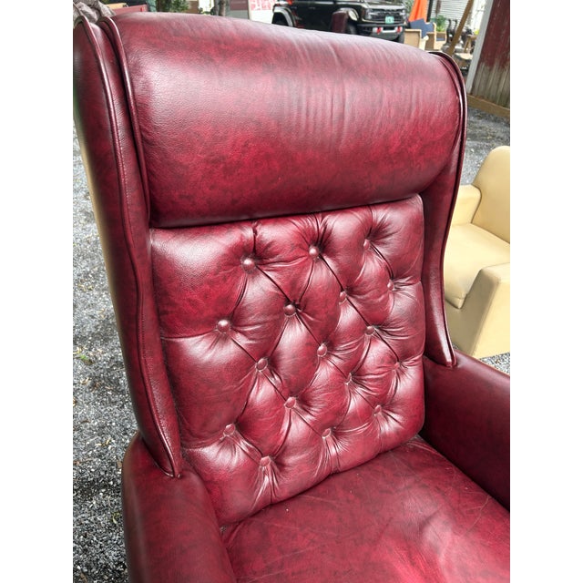 English Vintage Omnia Oxblood Leather High-Back Chesterfield Rolling Desk Chair For Sale - Image 3 of 9