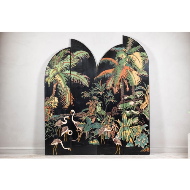 Wood Vintage 4-Panel Screen with Curved Design and Raised Bird Decor For Sale - Image 7 of 12